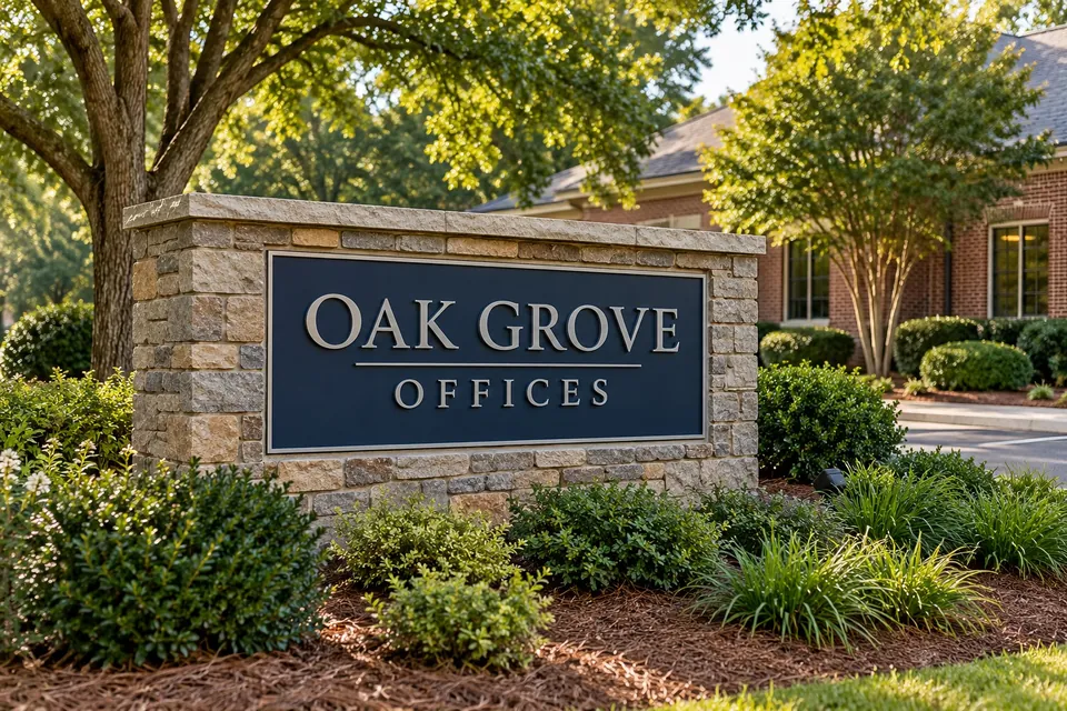 Low stone monument sign with dimensional lettering beside a landscaped entrance