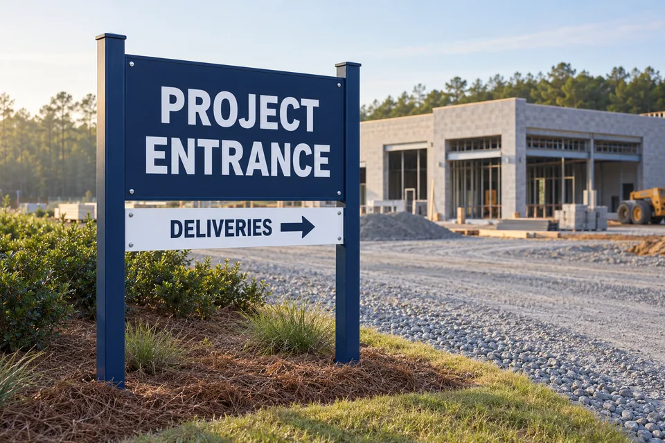 Chapel Hill Construction Signs — post-and-panel project entrance and delivery direction signs