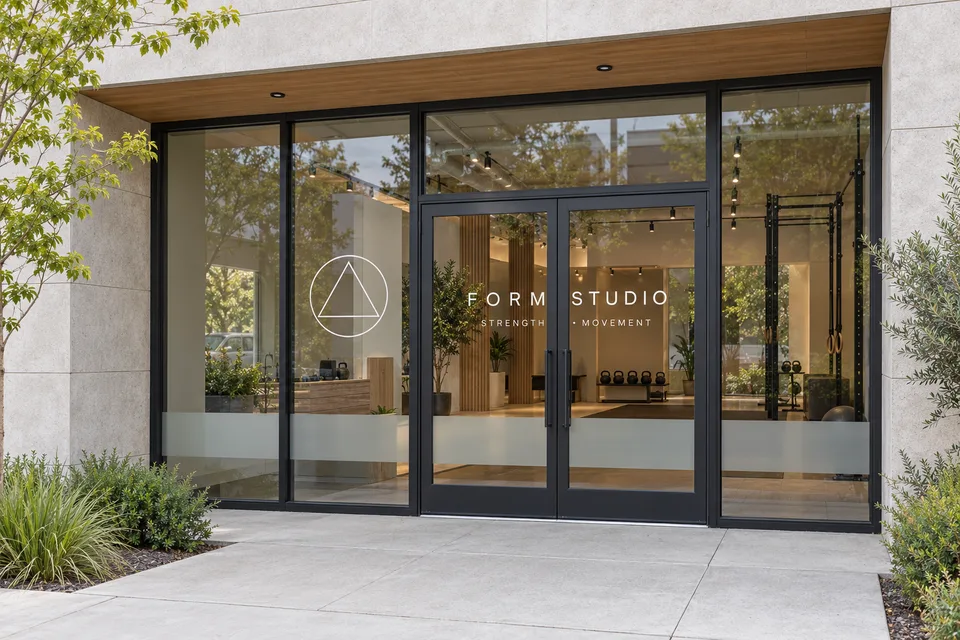 Carrboro Fitness Signs — white vinyl lettering and a frosted privacy band on fitness studio entrance glazing