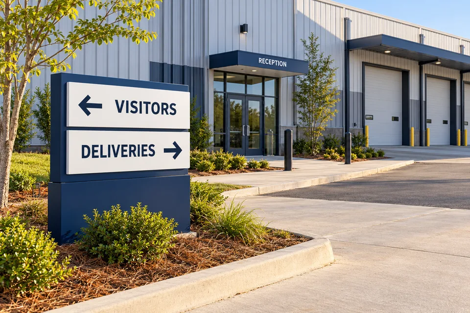 Chapel Hill Warehouse Signs — visitor and delivery directory beside an industrial reception entrance